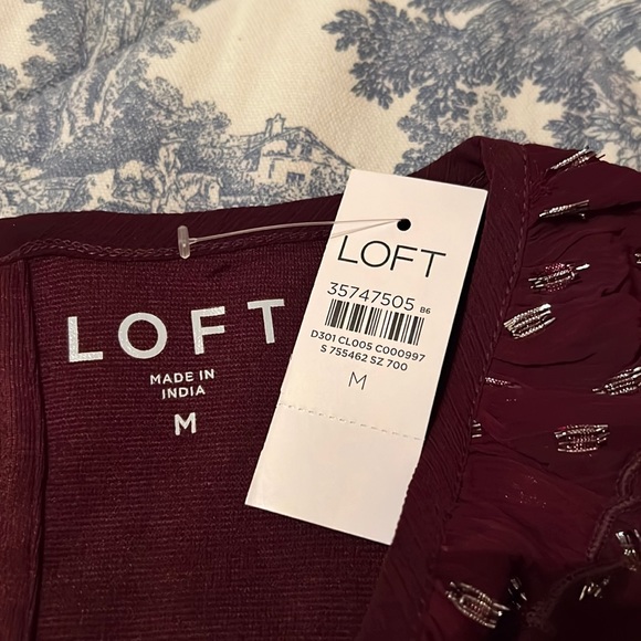 Loft Shimmer Dotted Ruffle Yoke Mixed Media Top in Crushed Blackberry, Size Med - Picture 13 of 17